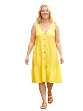 Addition Elle Yellow Button-Front Sundress 3XL Breezy Cotton Ruffle Hem Cover Up